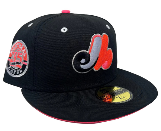 New Era Montreal Expos 59FIFTY fitted hat features a black crown with a pink under-visor and a 35th-anniversary patch.