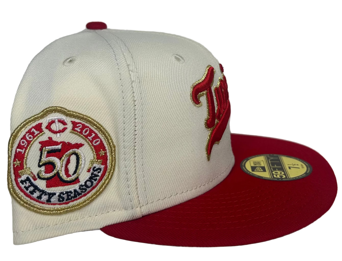 New Era Minnesota Twins 59Fifty fitted hat features a white crown, a red visor, and a commemorative 50th season patch on the side.