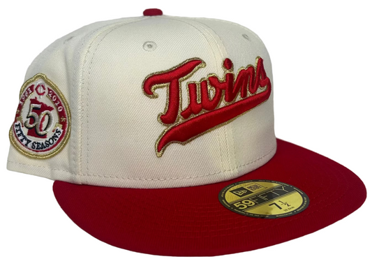 New Era Minnesota Twins 59Fifty fitted hat features a white crown, a red visor, and a commemorative 50th season patch on the side.