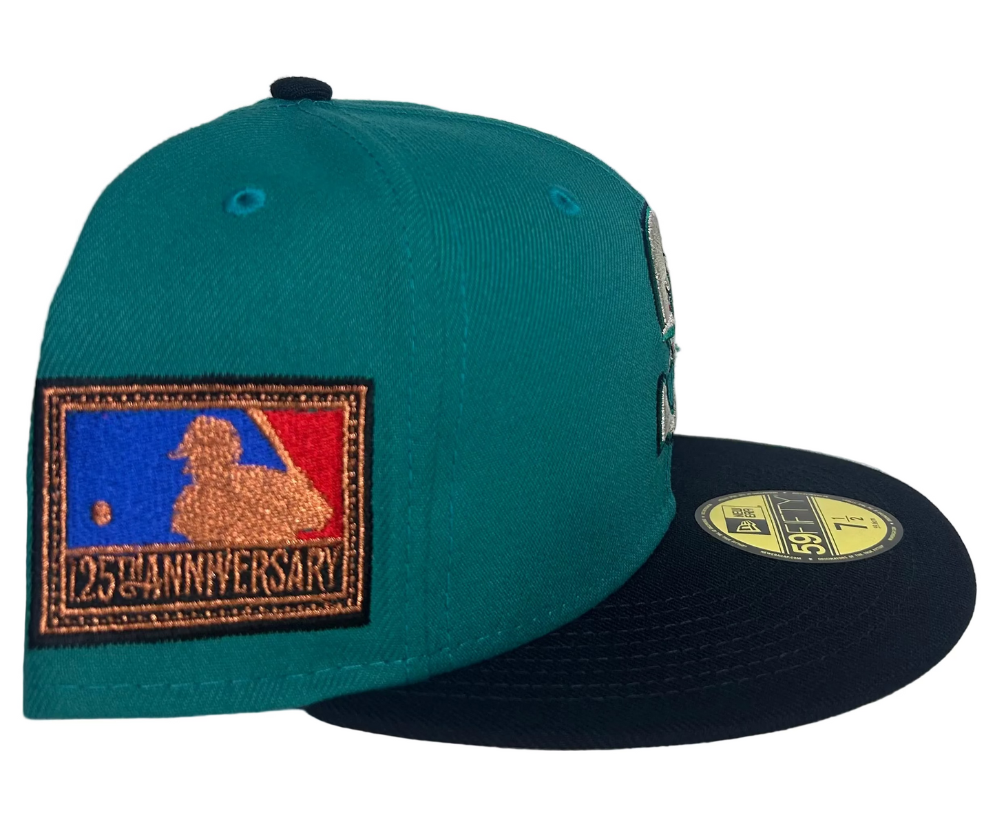 New Era 59Fifty fitted hat features a teal crown and navy brim for the Seattle Mariners.