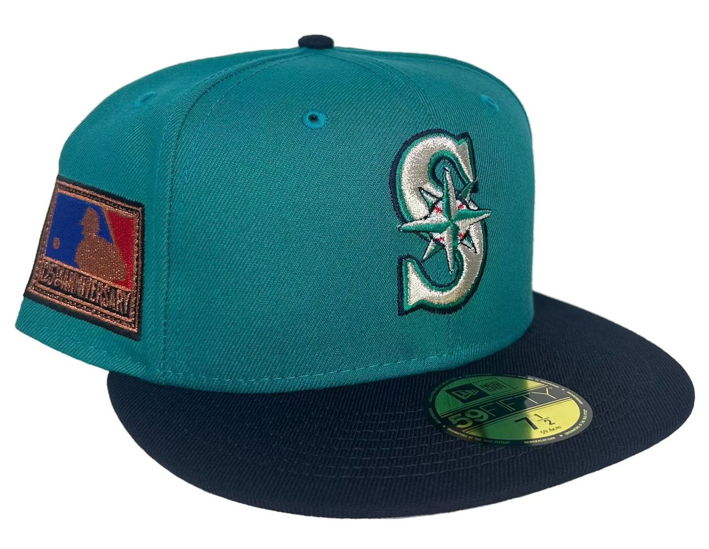 New Era 59Fifty fitted hat features a teal crown and navy brim for the Seattle Mariners.