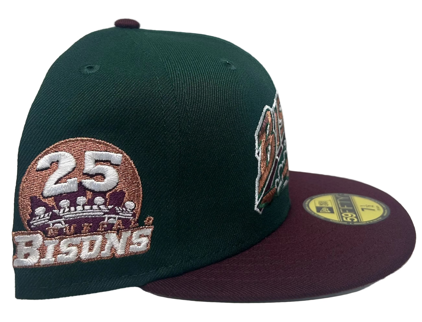 New Era Buffalo Bisons fitted hat features a green crown, a maroon visor, and a metallic copper side patch.
