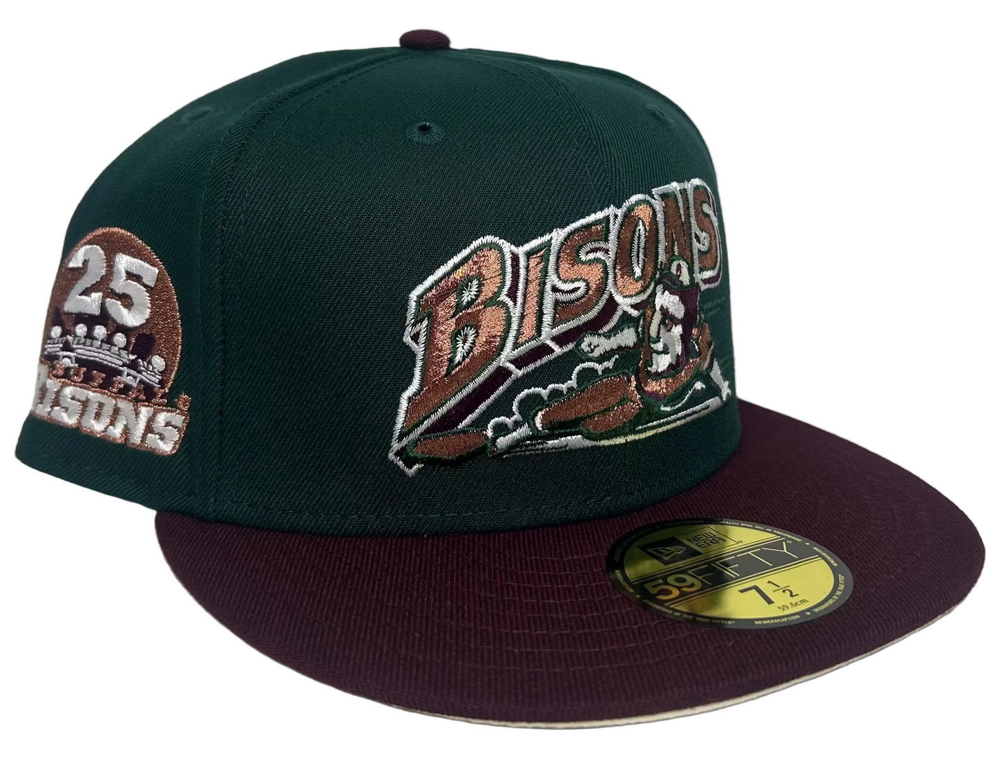 New Era Buffalo Bisons fitted hat features a green crown, a maroon visor, and a metallic copper side patch.