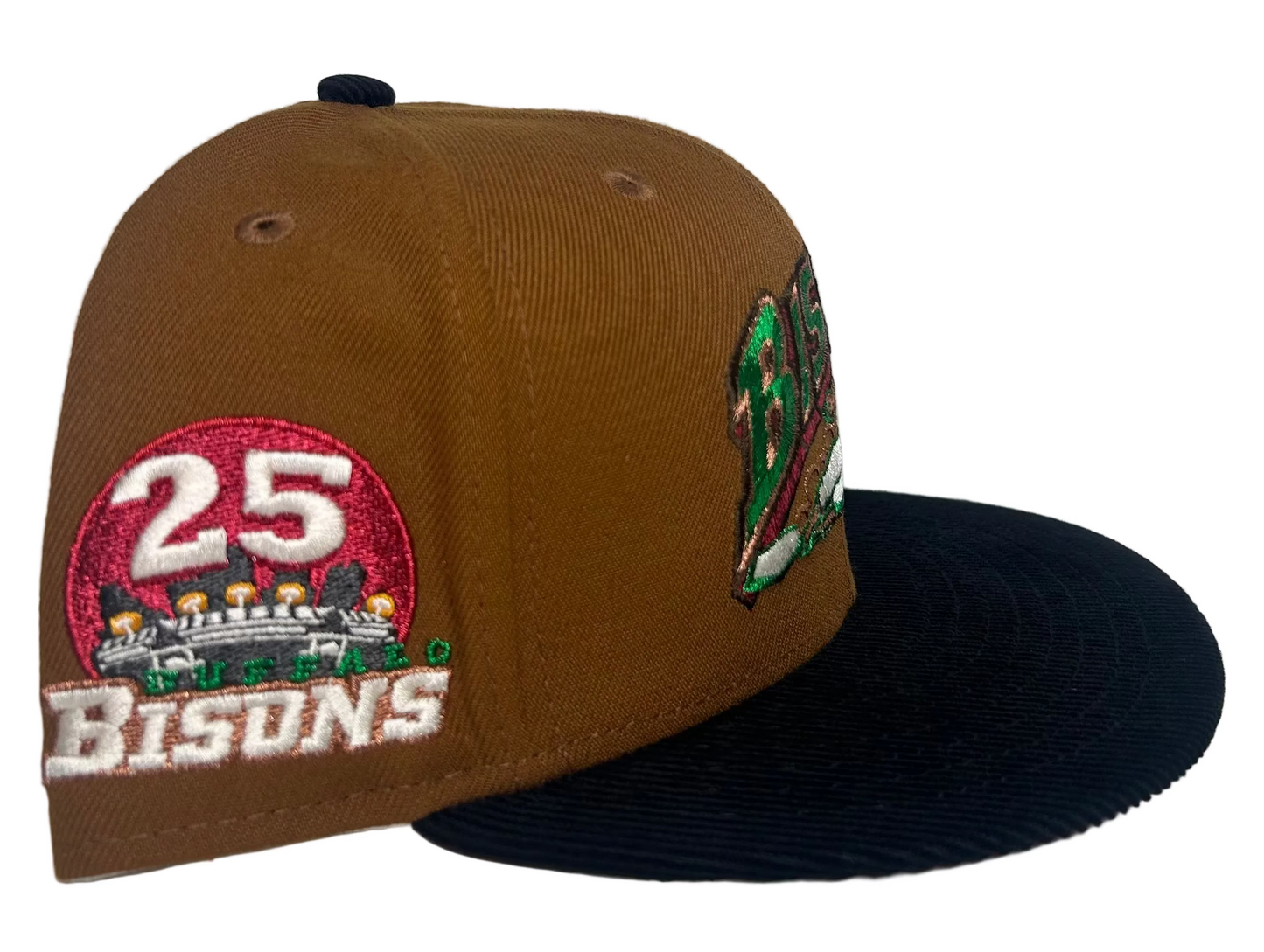 New Era Buffalo Bisons 59Fifty fitted hat features a brown crown and a contrast black corduroy brim.