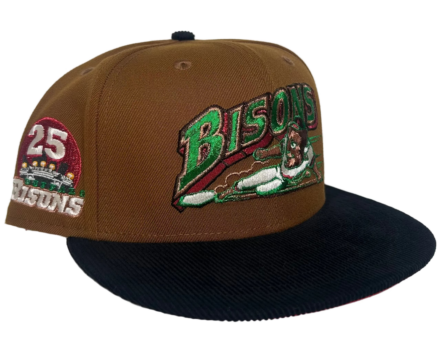 New Era Buffalo Bisons 59Fifty fitted hat features a brown crown and a contrast black corduroy brim.