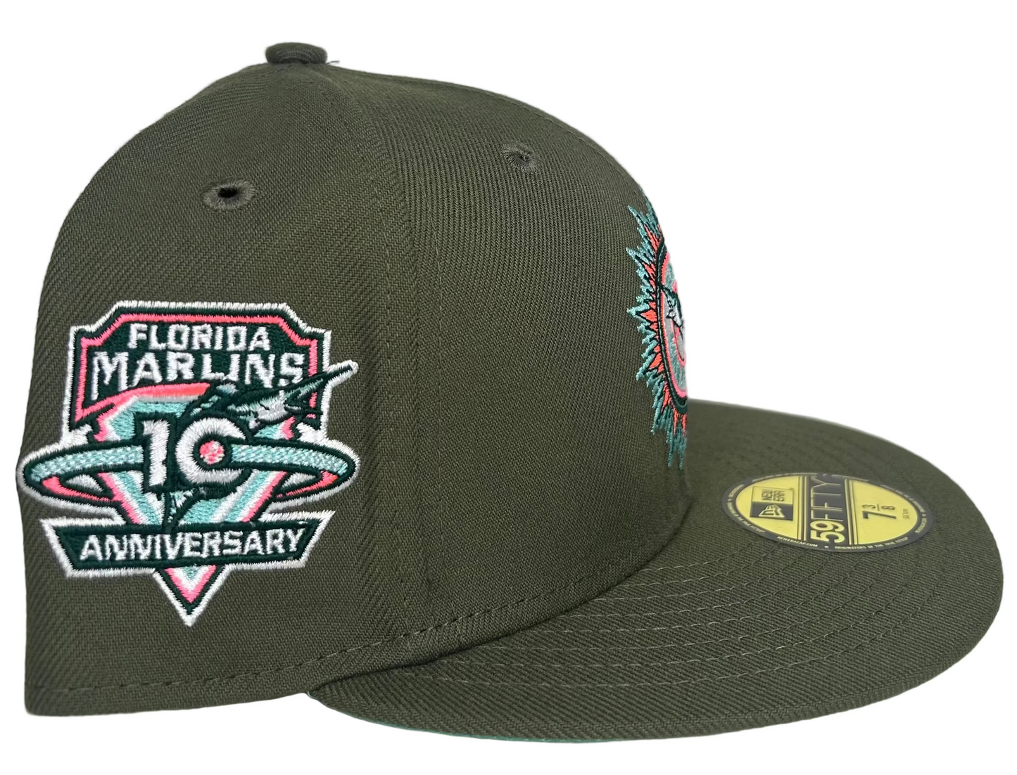 New Era 59FIFTY Miami Marlins hat features Olive Green & a distinct "mint" green under-visor.