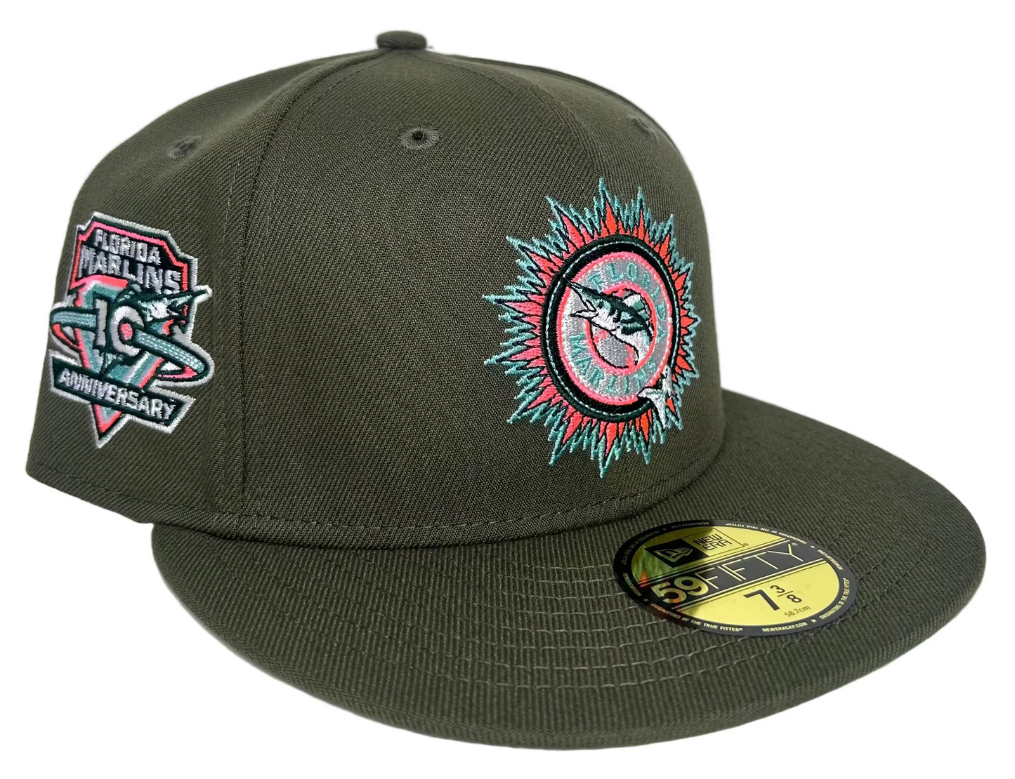 New Era 59FIFTY Miami Marlins hat features Olive Green & a distinct "mint" green under-visor.