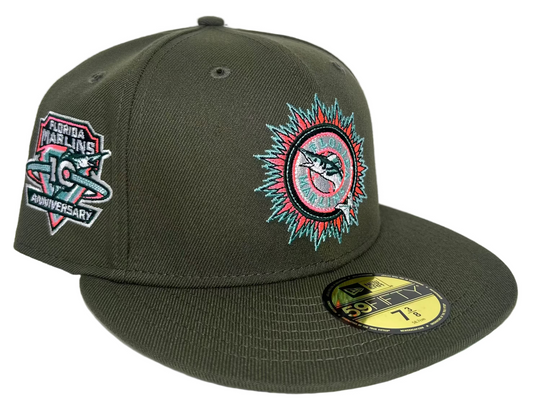 New Era 59FIFTY Miami Marlins hat features Olive Green & a distinct "mint" green under-visor.
