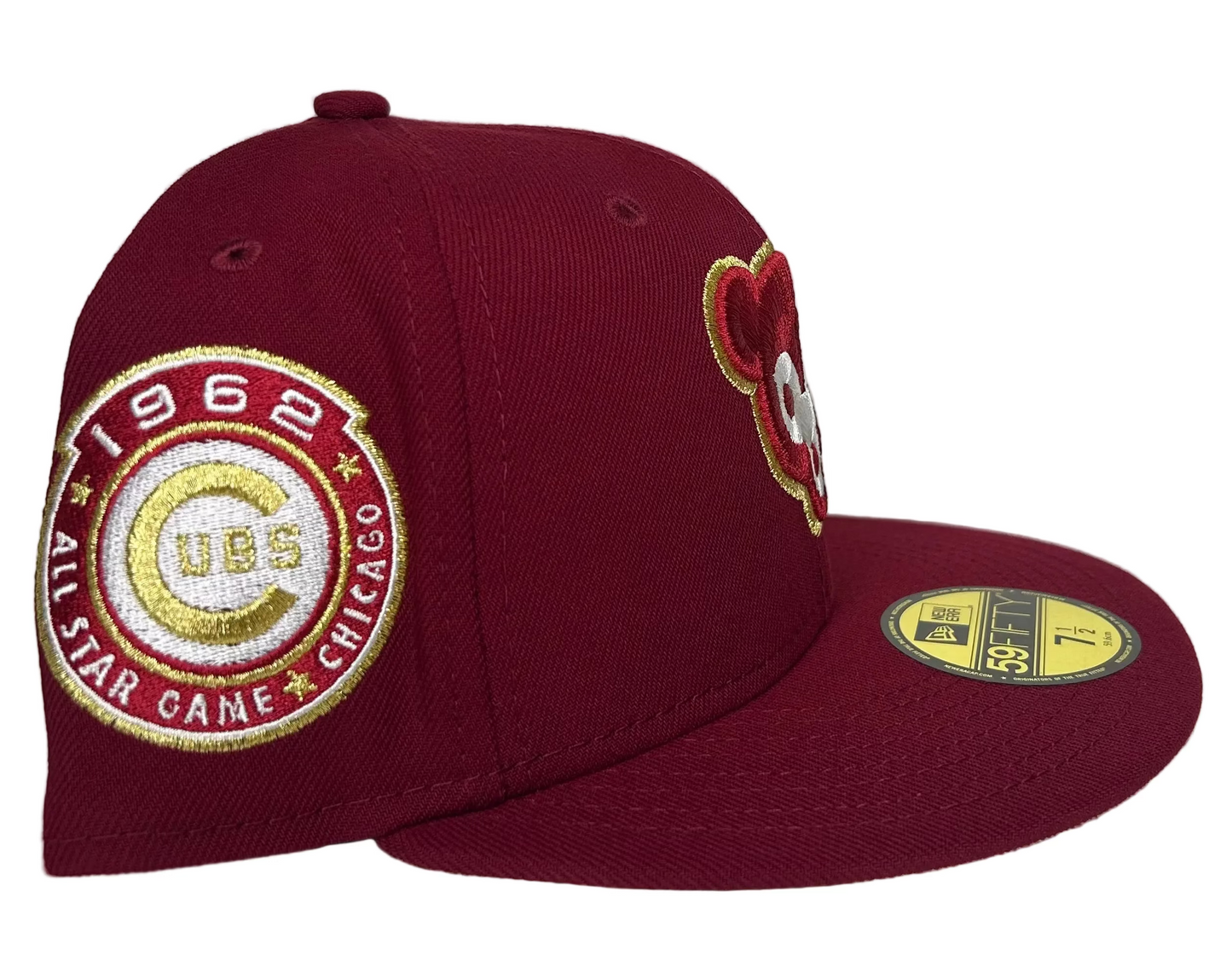 maroon New Era Chicago Cubs 59FIFTY fitted hat features a metallic gold-outlined team mascot logo and a 1962 All-Star Game side patch.