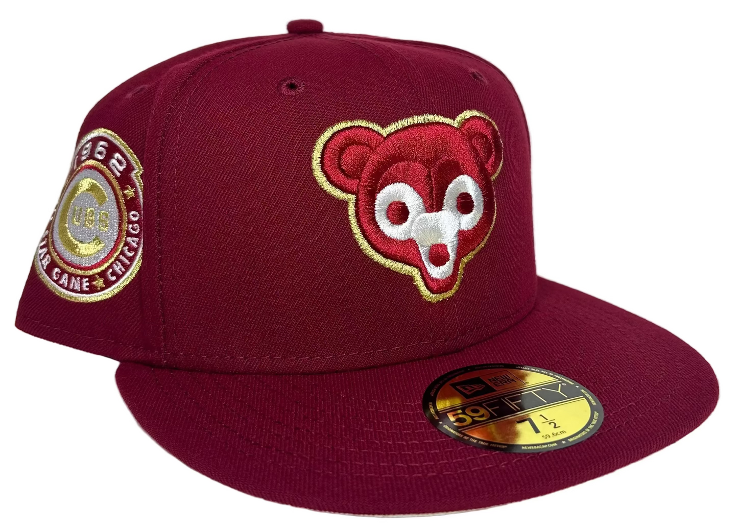 maroon New Era Chicago Cubs 59FIFTY fitted hat features a metallic gold-outlined team mascot logo and a 1962 All-Star Game side patch.