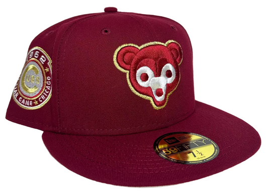 maroon New Era Chicago Cubs 59FIFTY fitted hat features a metallic gold-outlined team mascot logo and a 1962 All-Star Game side patch.