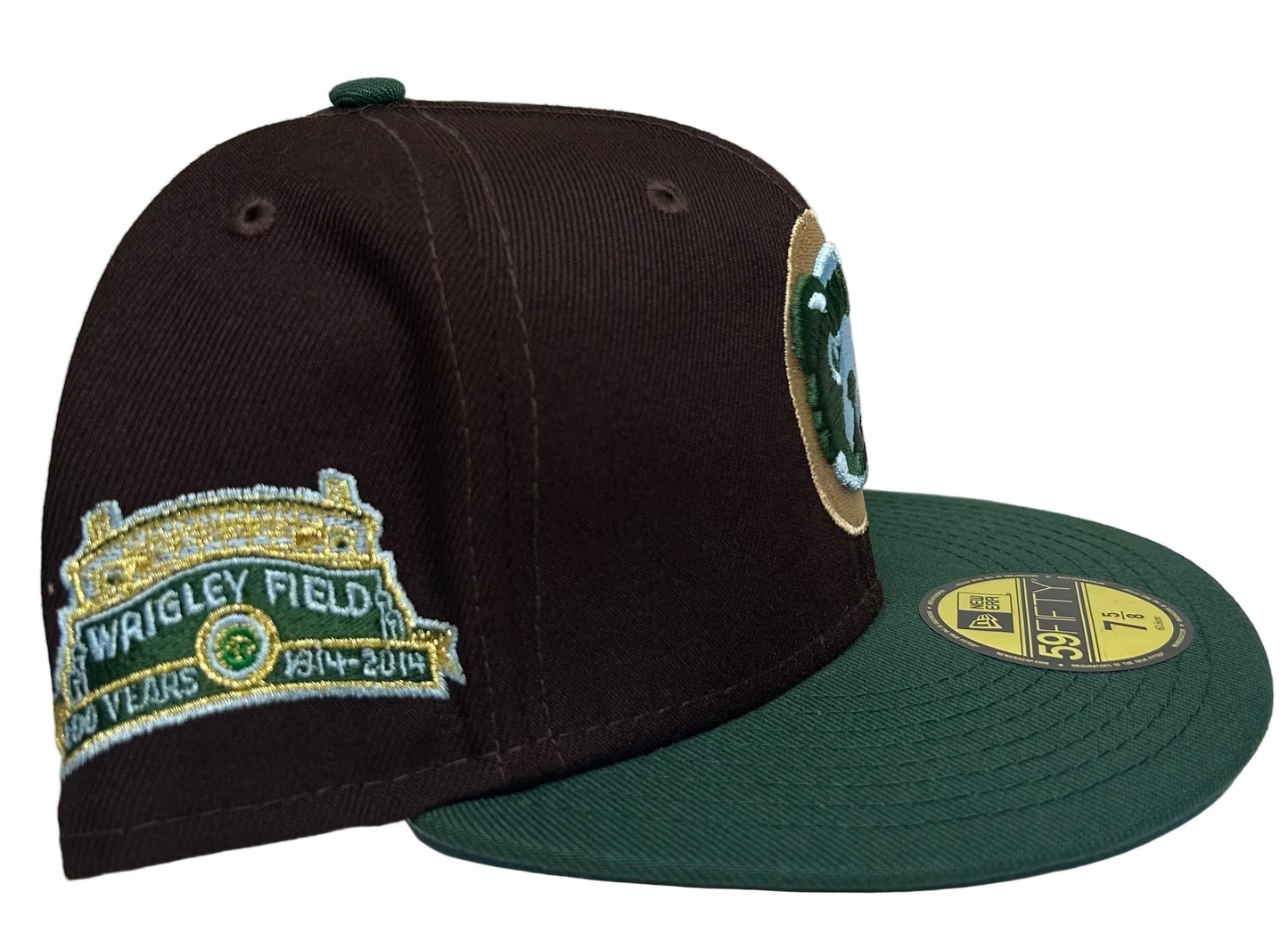 New Era 59FIFTY Chicago Cubs fitted hat featuring a chocolate brown crown, dark green visor, and a special Wrigley Field 100th anniversary patch on the side.