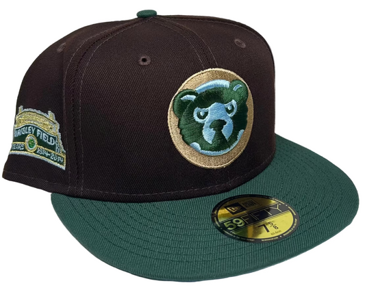 New Era 59FIFTY Chicago Cubs fitted hat featuring a chocolate brown crown, dark green visor, and a special Wrigley Field 100th anniversary patch on the side.