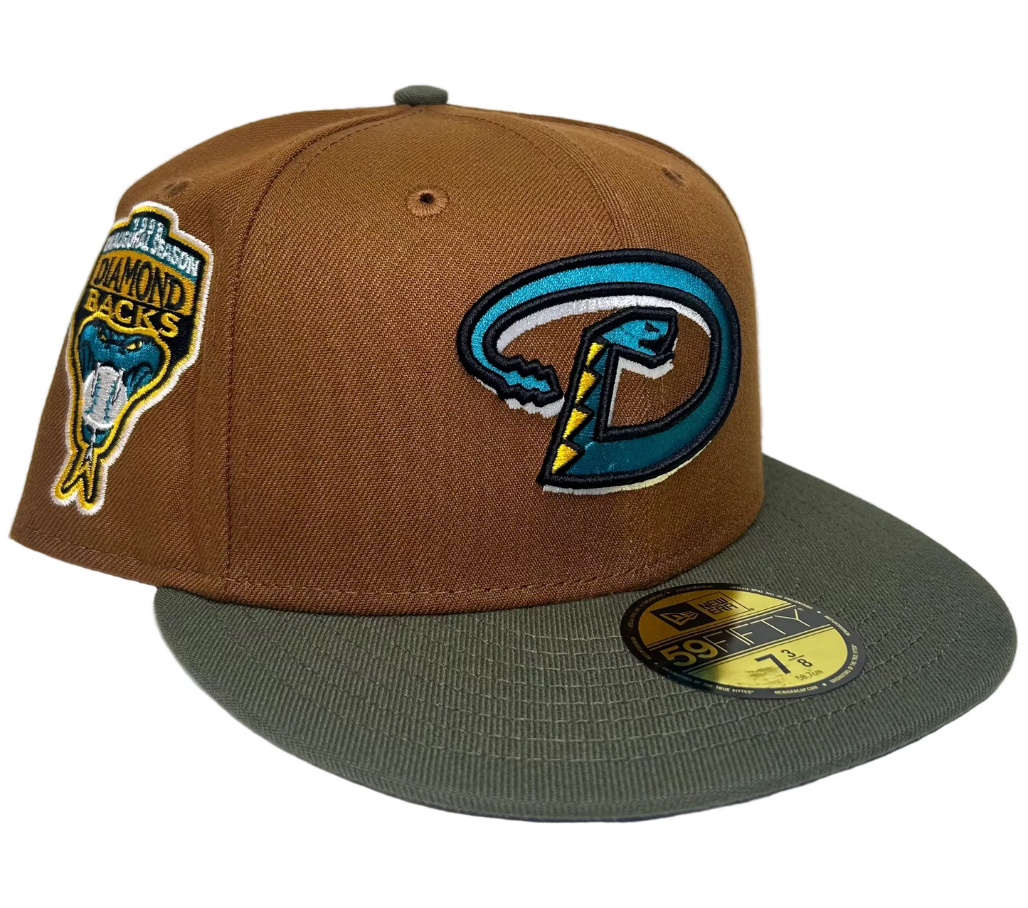 New Era 59FIFTY fitted hat features a brown crown and green brim with a teal Arizona Diamondbacks "Scooby-Doo.”