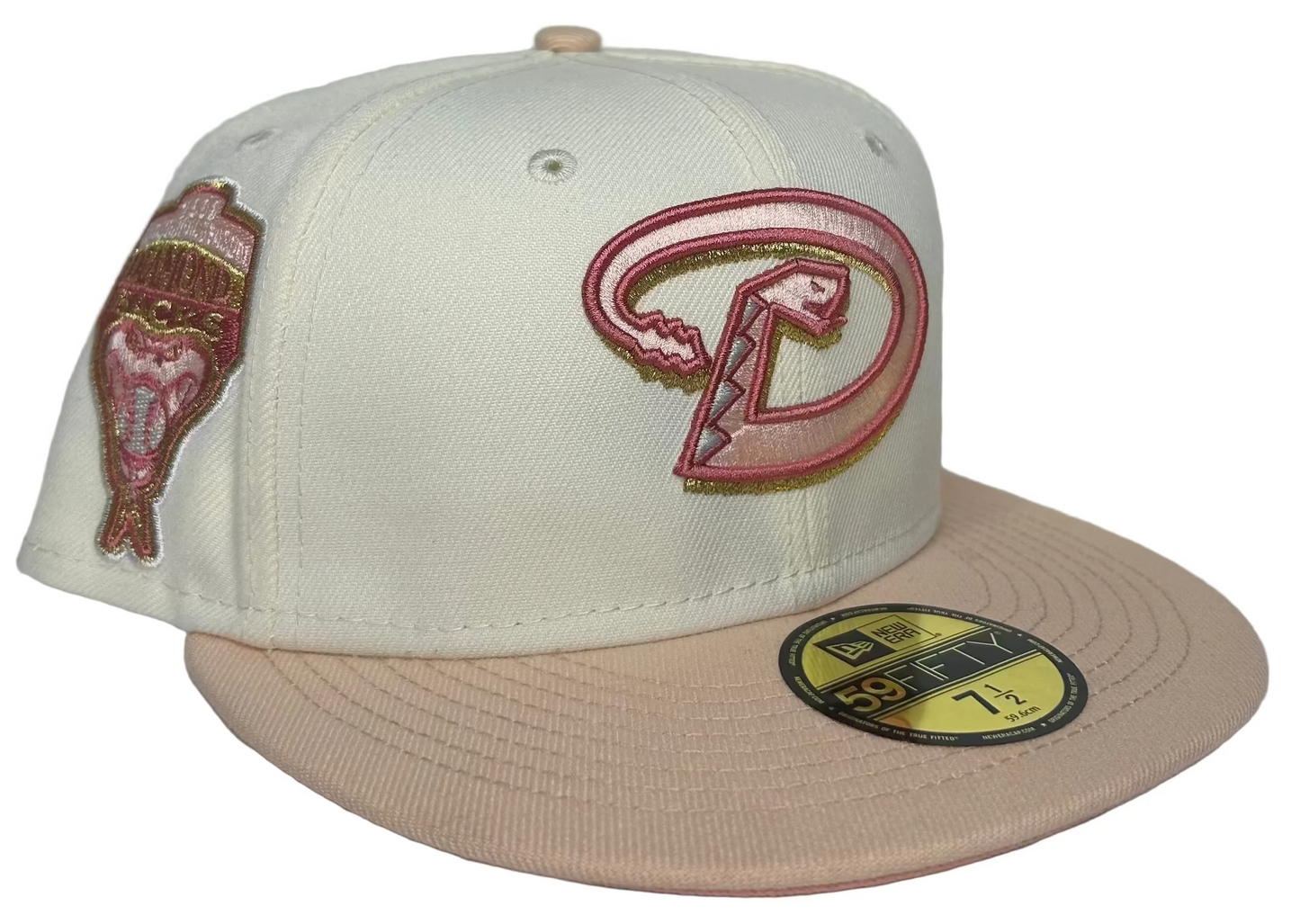 New Era 59FIFTY fitted hat features an off-white crown with a pink visor and a 1998 Inaugural Season side patch.
