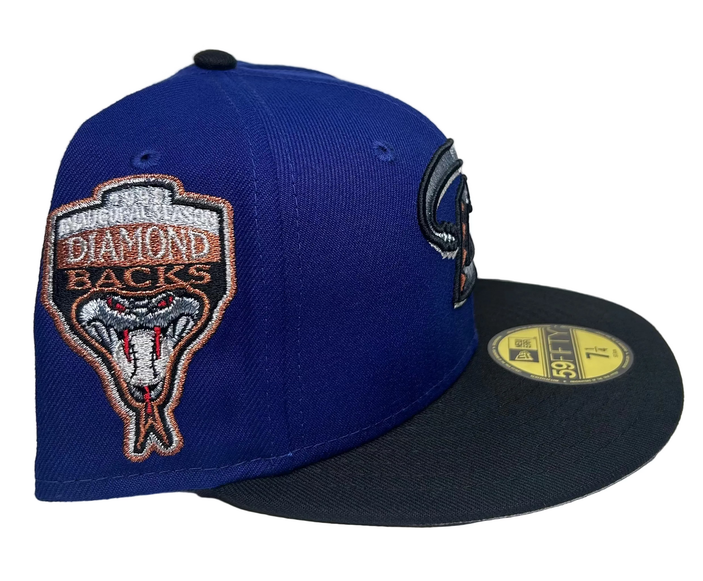 New Era 59FIFTY Arizona Diamondbacks “Sophomore SZN” Rushmore fitted hat features a royal blue crown and black visor with an inaugural season patch.