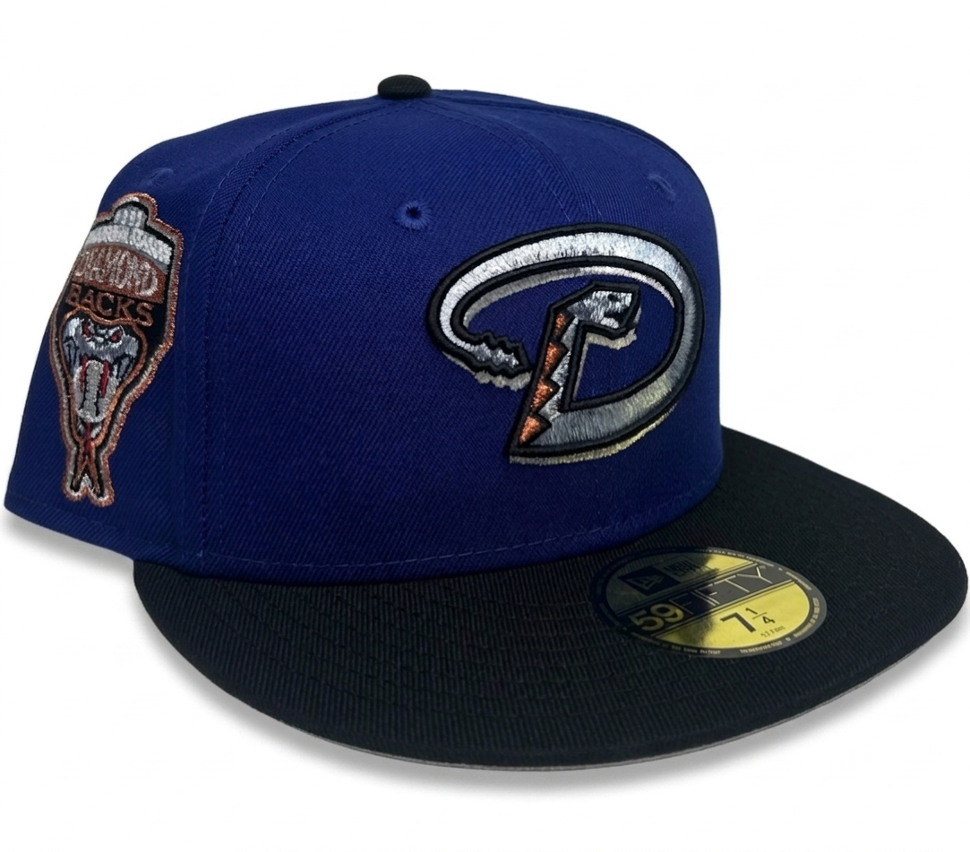 New Era 59FIFTY Arizona Diamondbacks “Sophomore SZN” Rushmore fitted hat features a royal blue crown and black visor with an inaugural season patch.