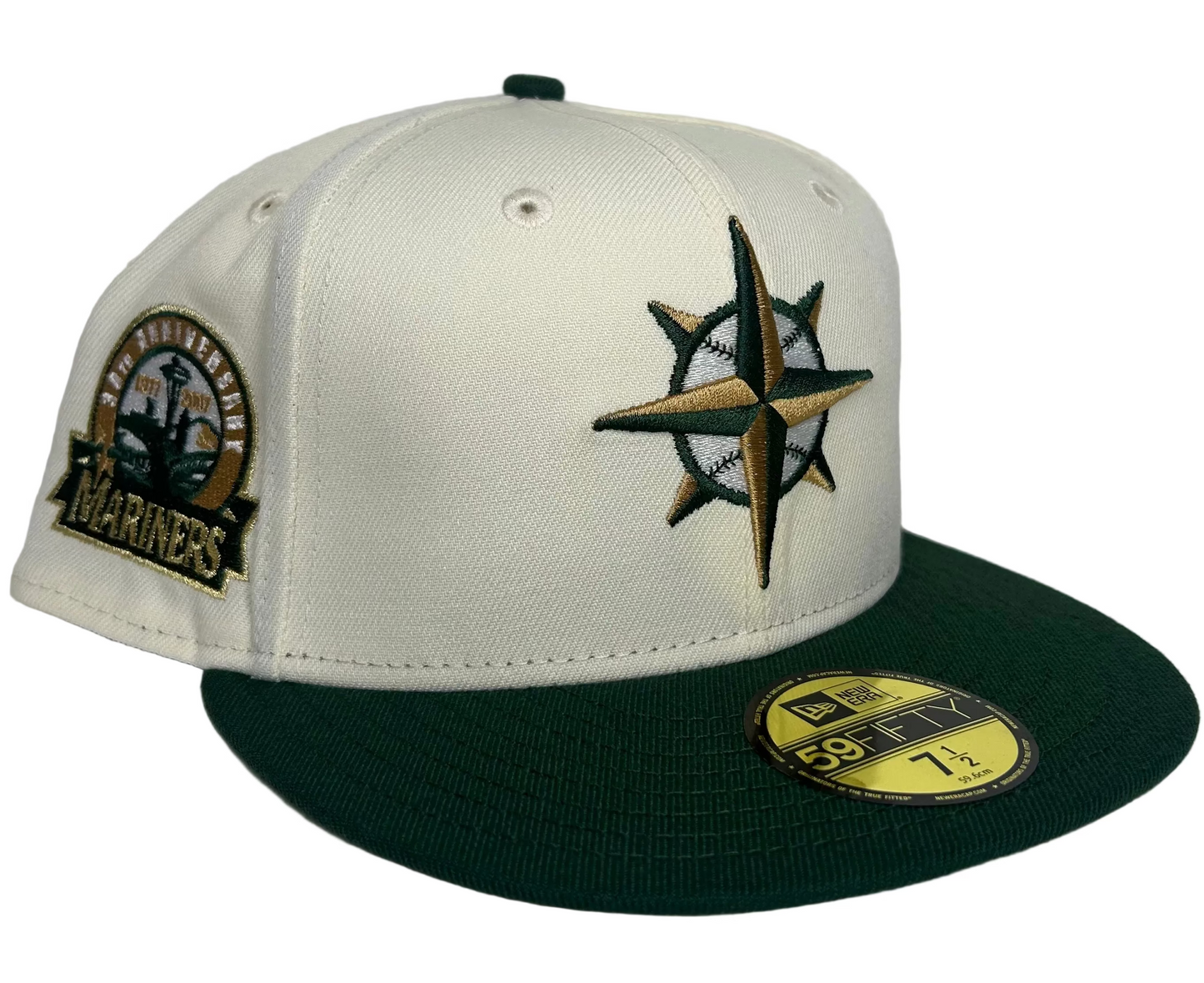 New Era 59Fifty fitted Seattle Mariners hat features an off-white crown and kelly green visor.