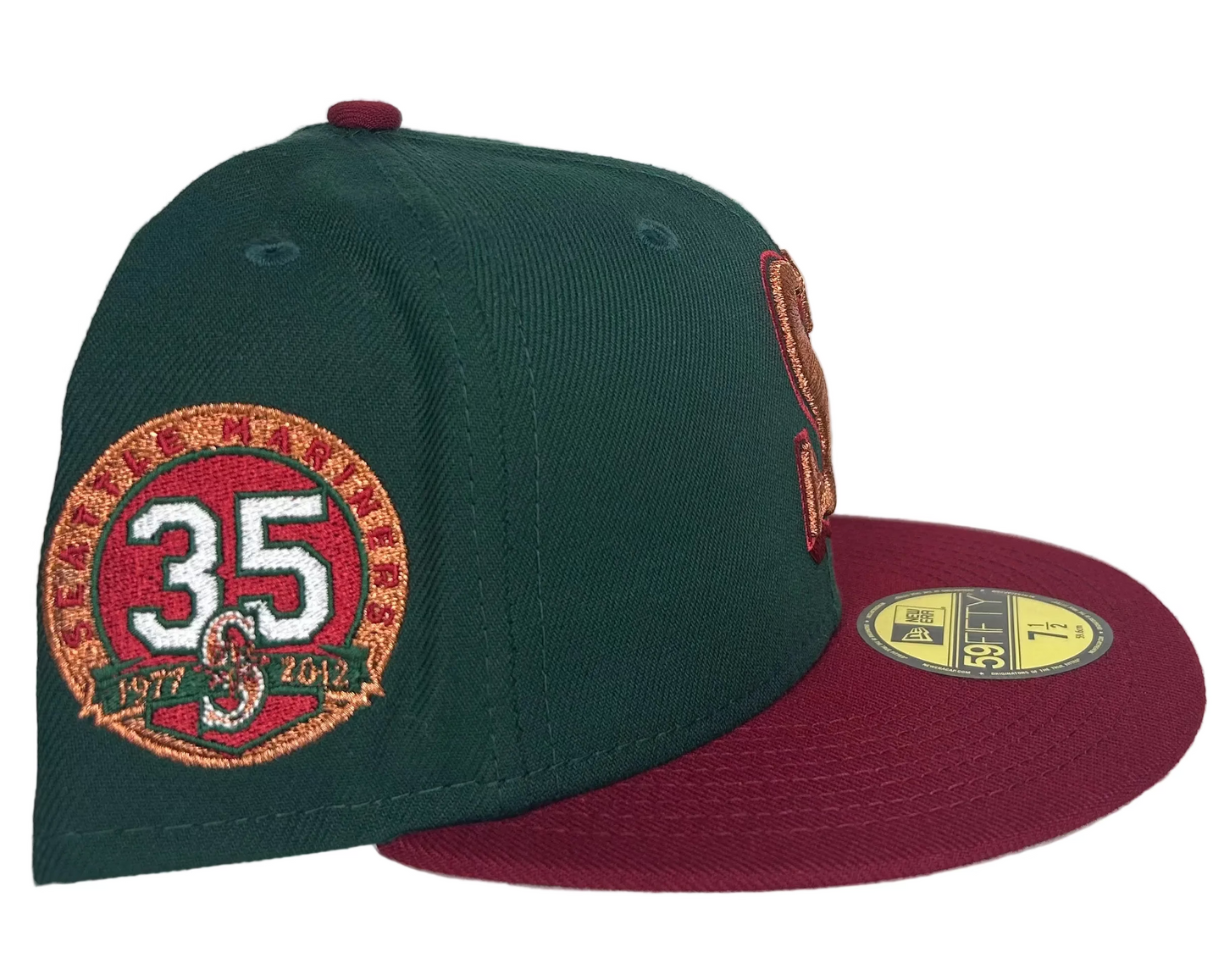 New Era Seattle Mariners Color Flip 35th Anniversary Edition 59Fifty fitted hat featuring a dark green crown and a maroon brim.
