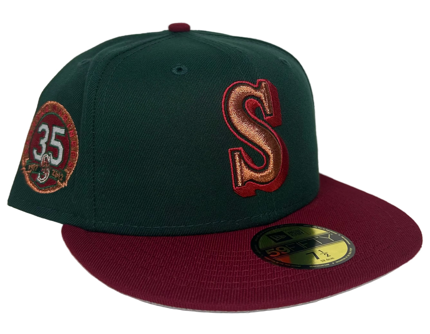 New Era Seattle Mariners Color Flip 35th Anniversary Edition 59Fifty fitted hat featuring a dark green crown and a maroon brim.