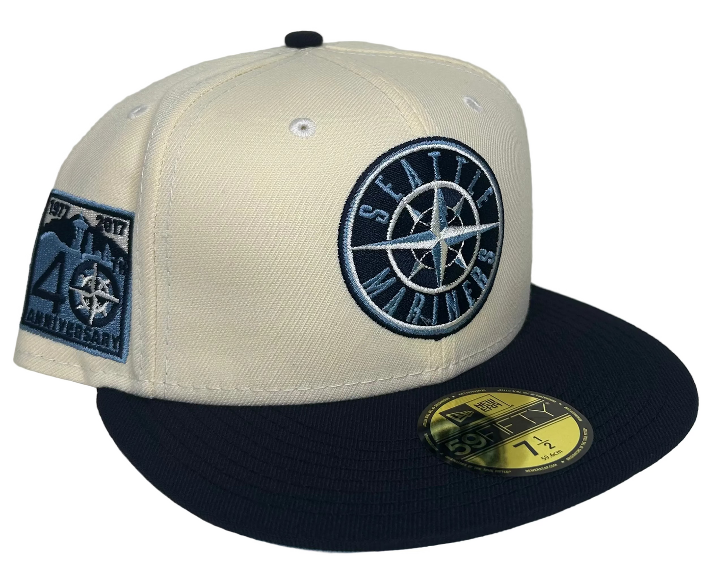 New Era 59FIFTY Seattle Mariners fitted hat features a cream crown, navy brim, and a special 40th-anniversary patch on the side.