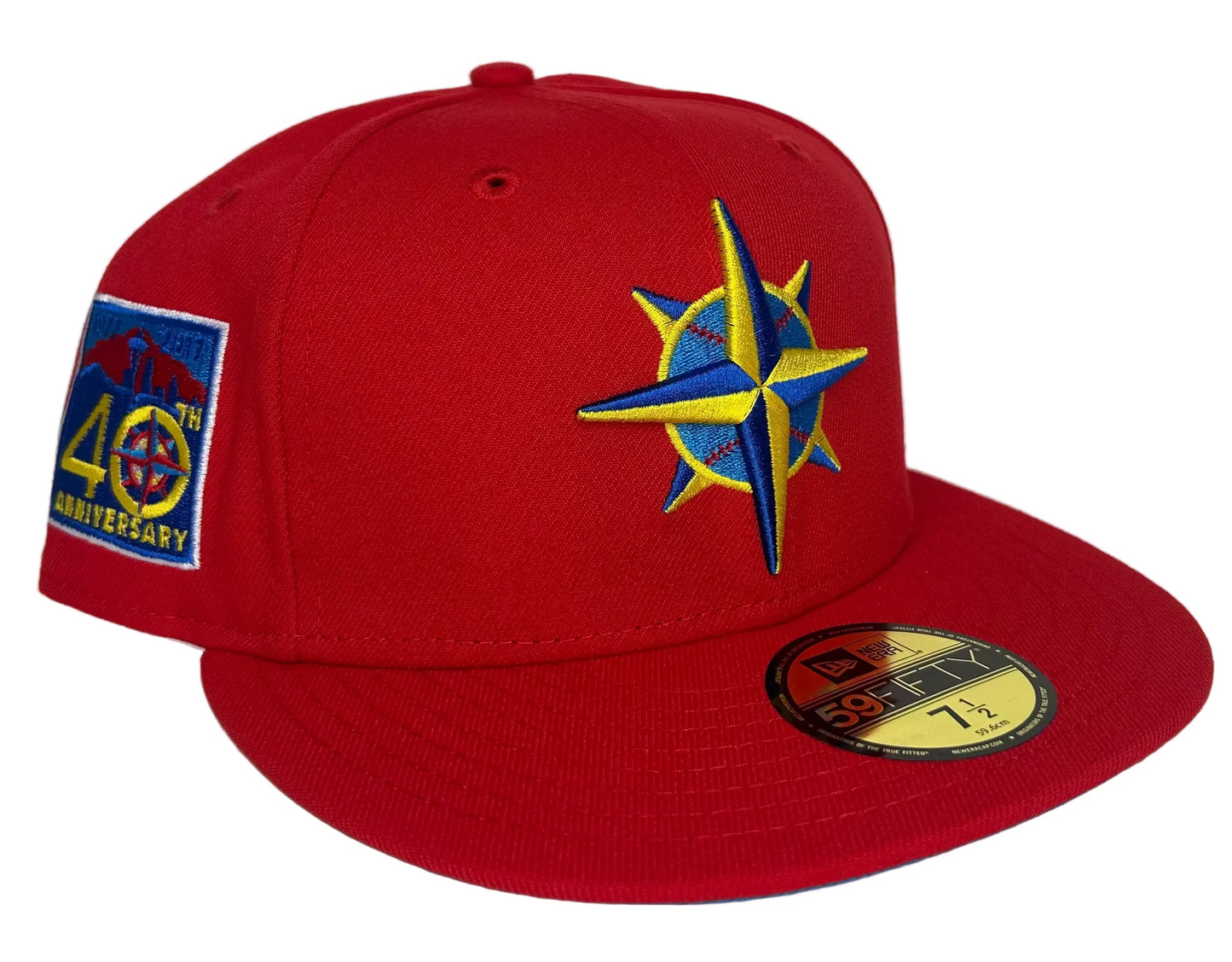 New Era Seattle Mariners "Hat Wheels" 59FIFTY fitted hat features a red crown and a 40th-anniversary patch
