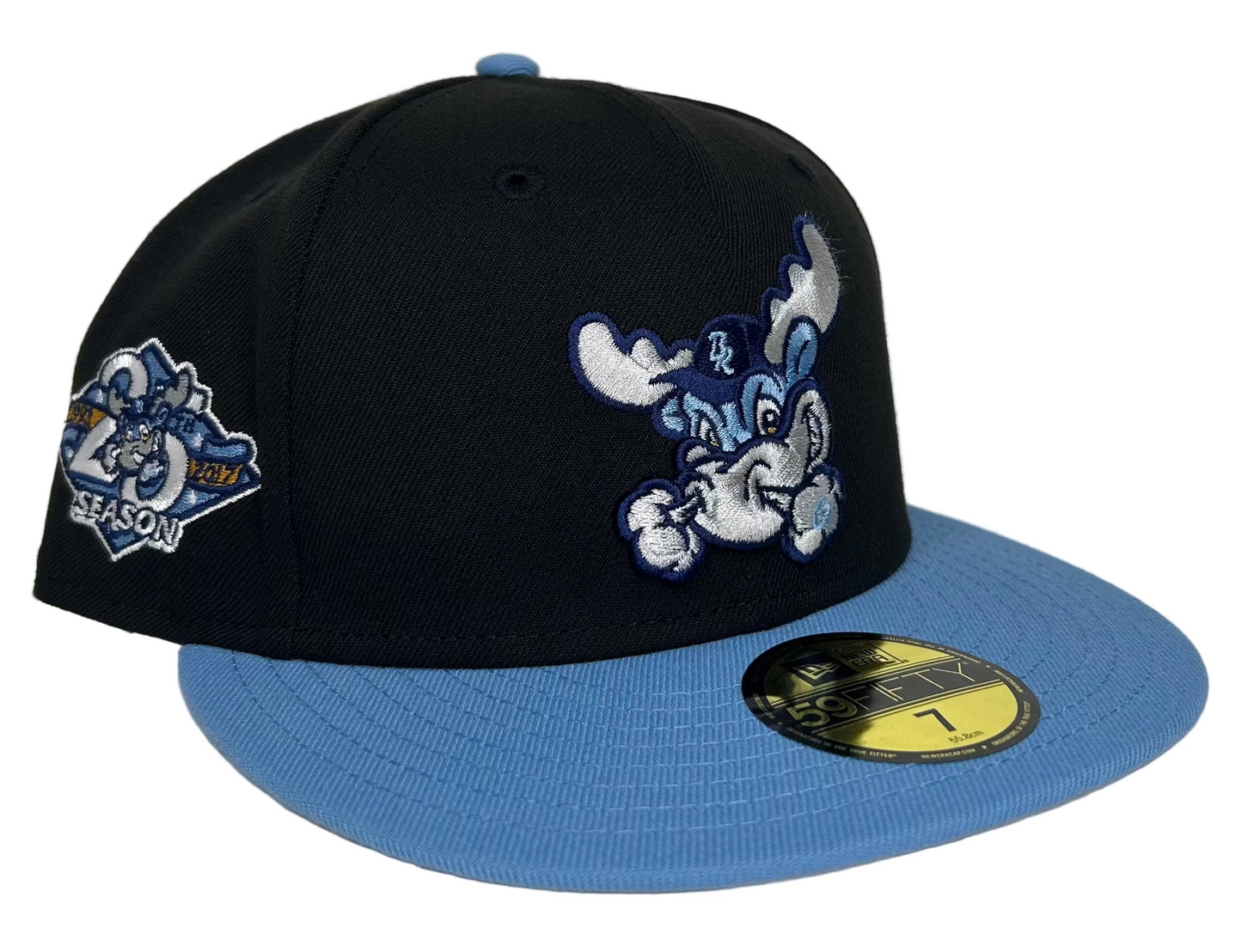 Wilmington Blue Rocks New Era 59FIFTY fitted hat features an embroidered Rocky Bluewinkle mascot logo.