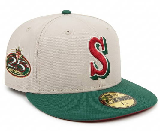 New Era Seattle Mariners Fields 59FIFTY Fitted Hat Stone 25th Year Patch.