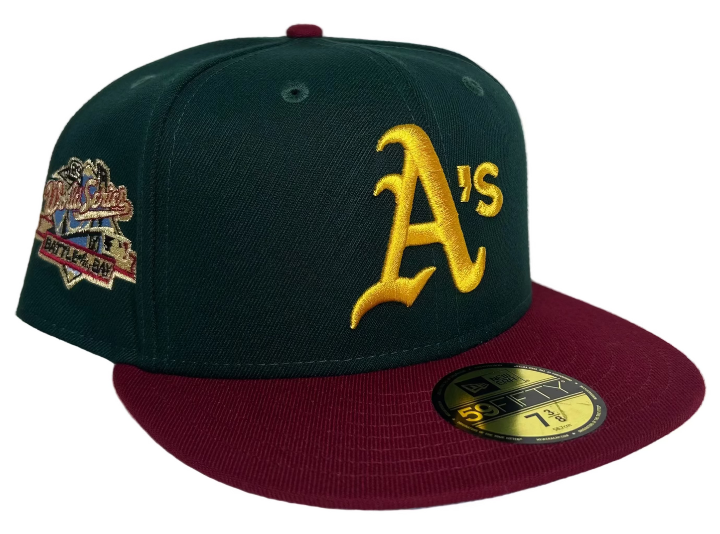 New Era Oakland Athletics 59FIFTY fitted hat featuring a dark green crown, maroon brim, and a 1989 World Series patch.