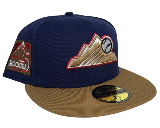 Colorado Rockies New Era 59Fifty fitted hat featuring a 25th Anniversary side patch and a gold and white mountain logo.