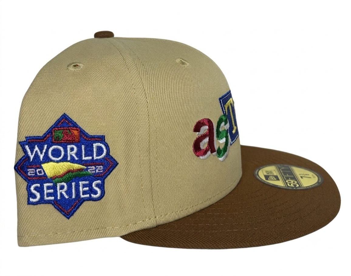 New Era Houston Astros “Toys R Us” W/ a 2022 World Series fitted cap features a khaki crown and a brown visor.