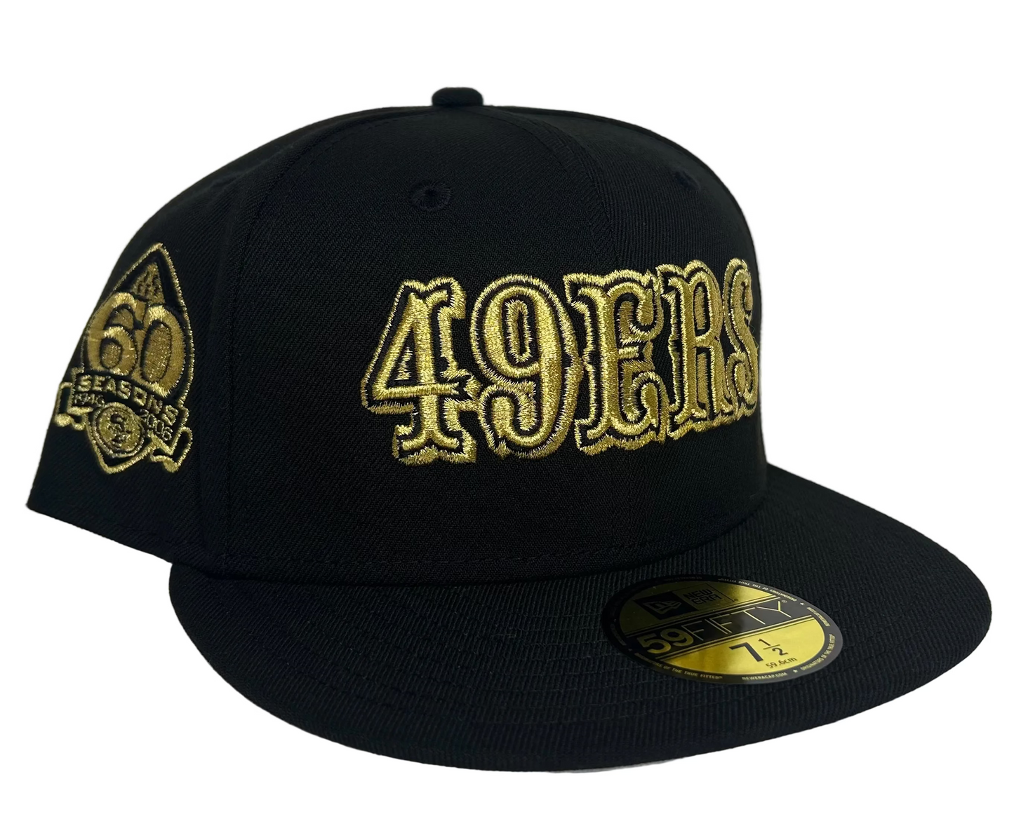 New Era 59FIFTY fitted hat features gold embroidered "49ERS" script on a black crown and a "60 Seasons" patch on the side.