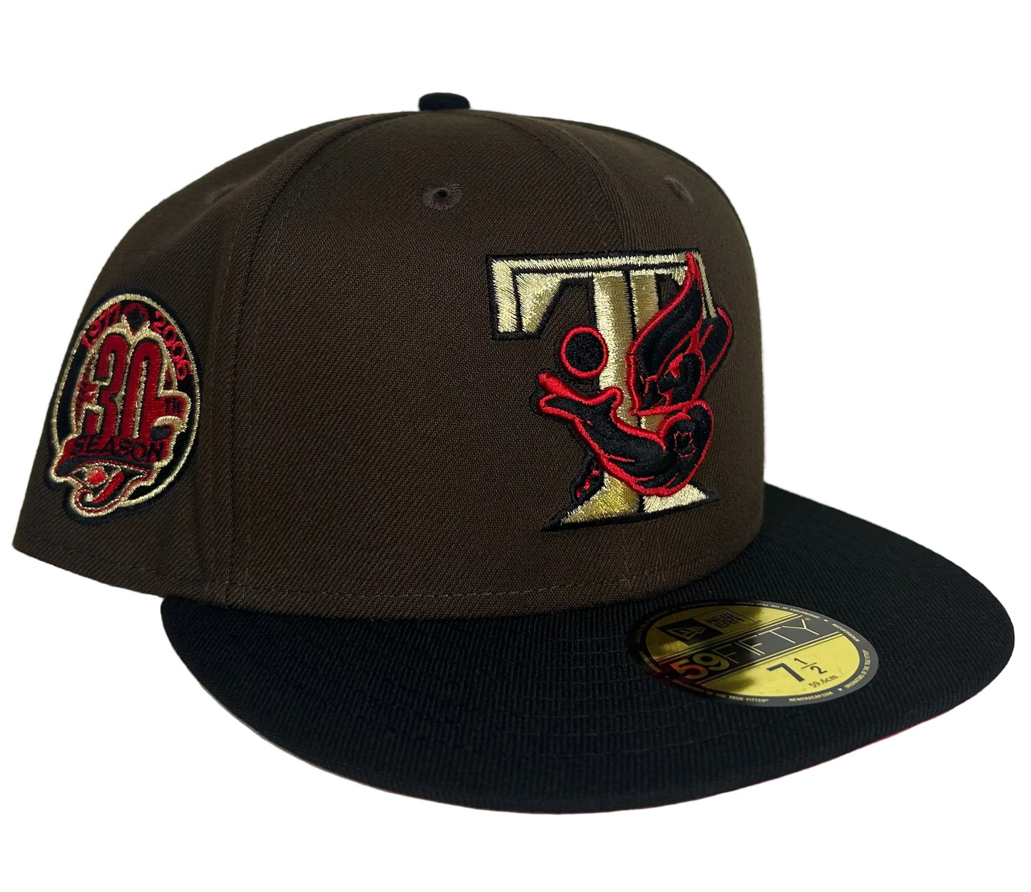 New Era Toronto Blue Jays "Buried Treasure" collection hat features a brown crown, black visor, and a red underbrim.