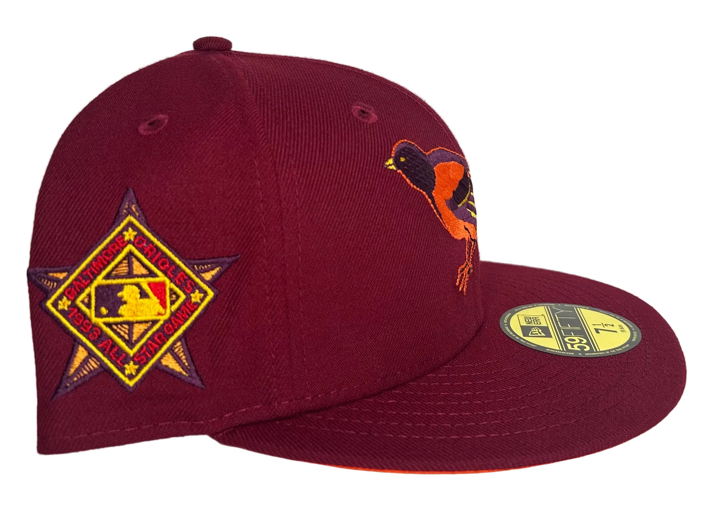 New Era Baltimore Orioles 59Fifty fitted hat featuring a maroon crown, a bright orange visor, and a custom side patch celebrating the 50th Anniversary.