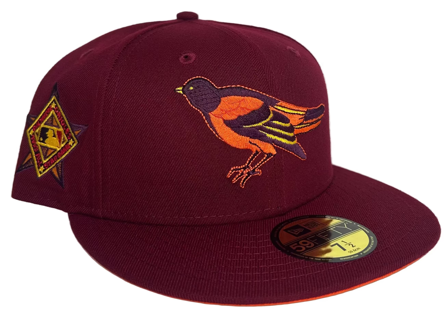New Era Baltimore Orioles 59Fifty fitted hat featuring a maroon crown, a bright orange visor, and a custom side patch celebrating the 50th Anniversary.