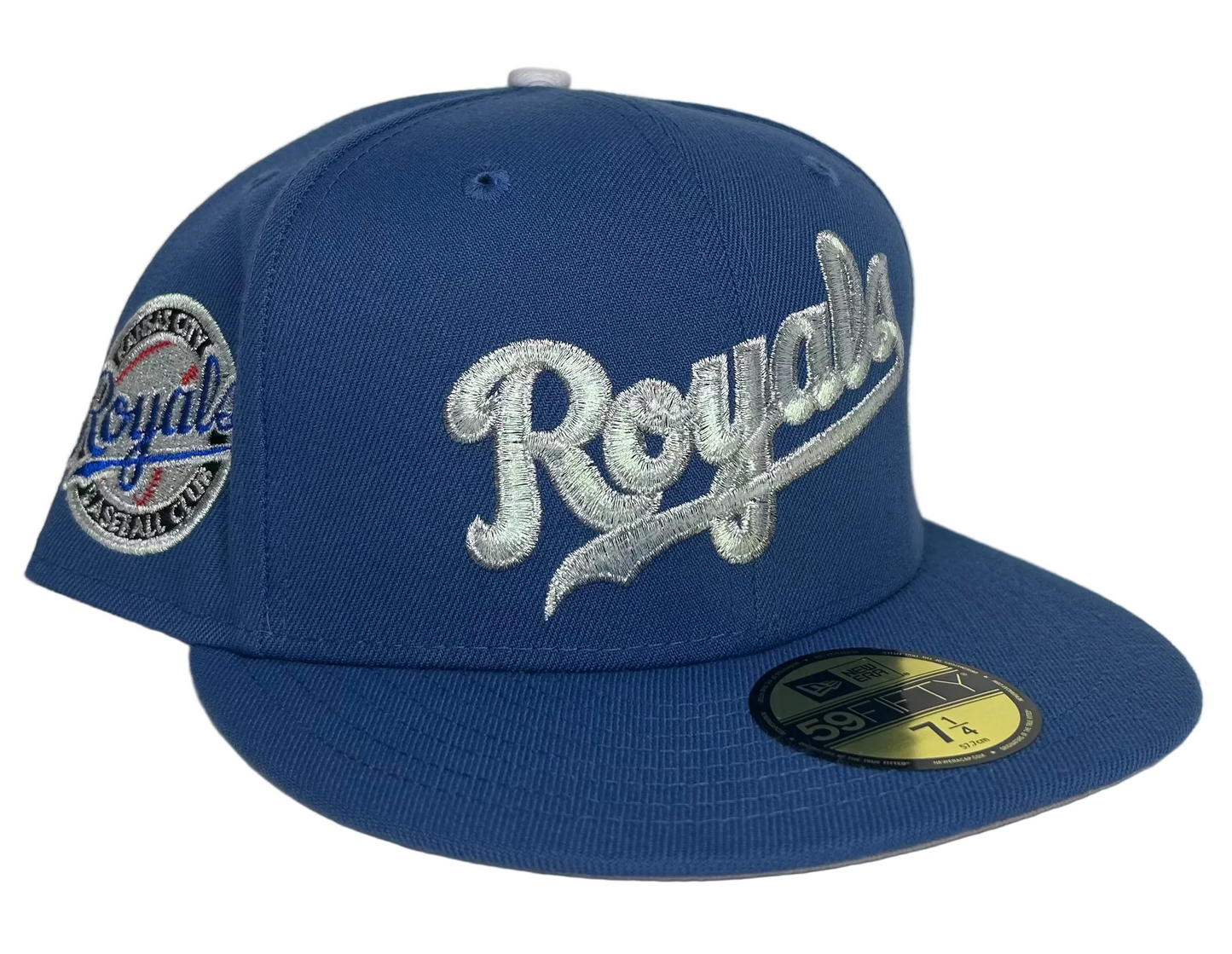 Kansas City Royals New Era 59FIFTY fitted cap featuring a prominent silver script logo and a side patch.