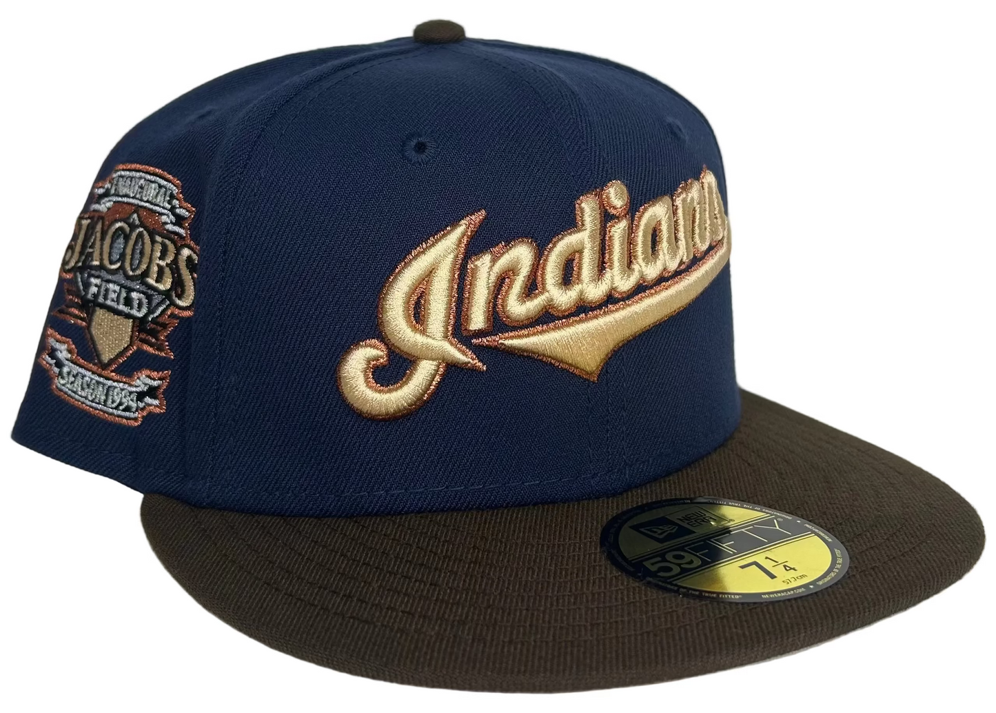 New Era 59FIFTY Fitted Hat for the Cleveland Indians, featuring a special 1994 "Inaugural Jacobs Field" side patch.