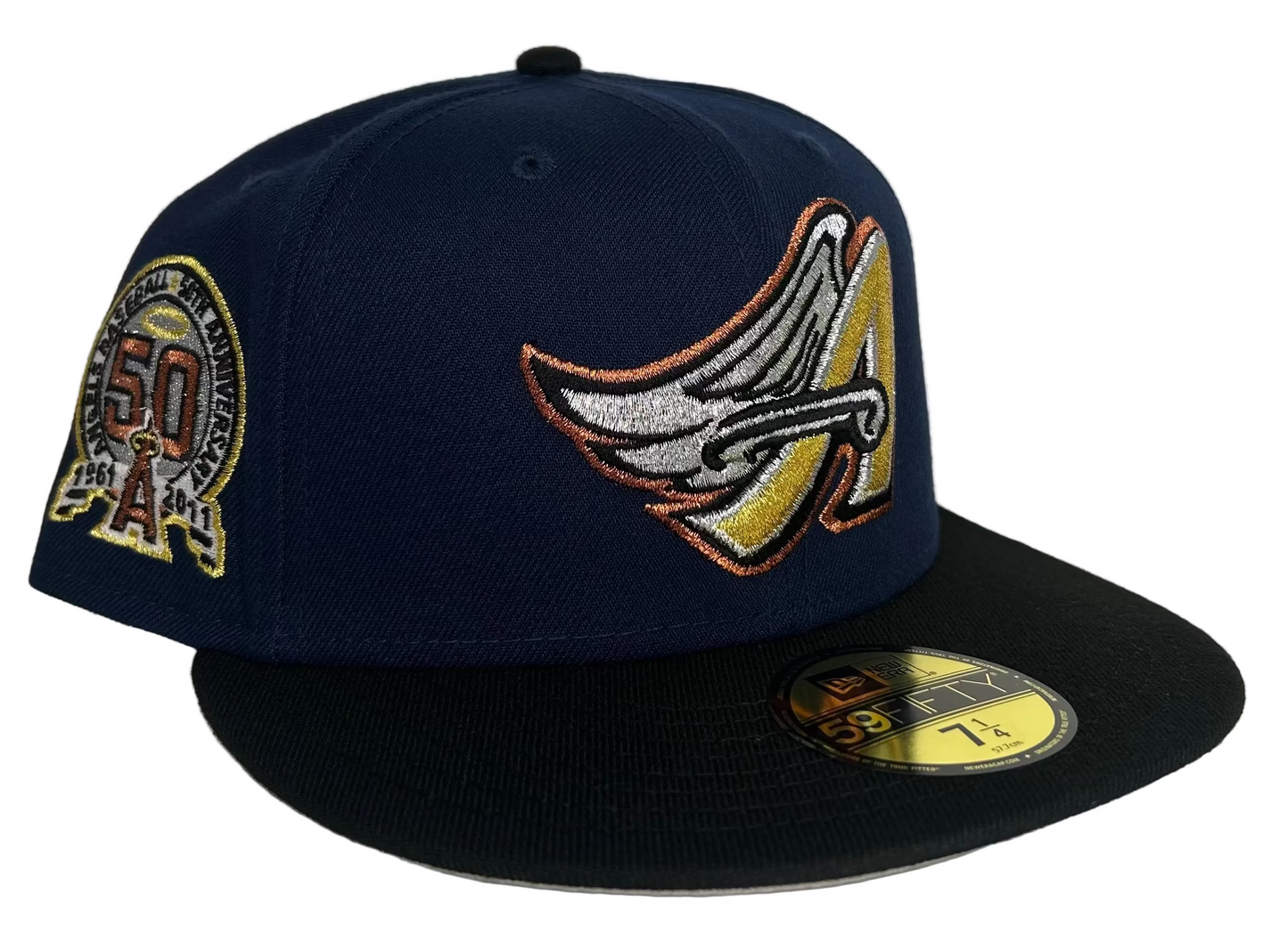 New Era 59FIFTY fitted hat featuring a navy crown, black visor, and a special 50th Anniversary side patch for the Anaheim Angels.