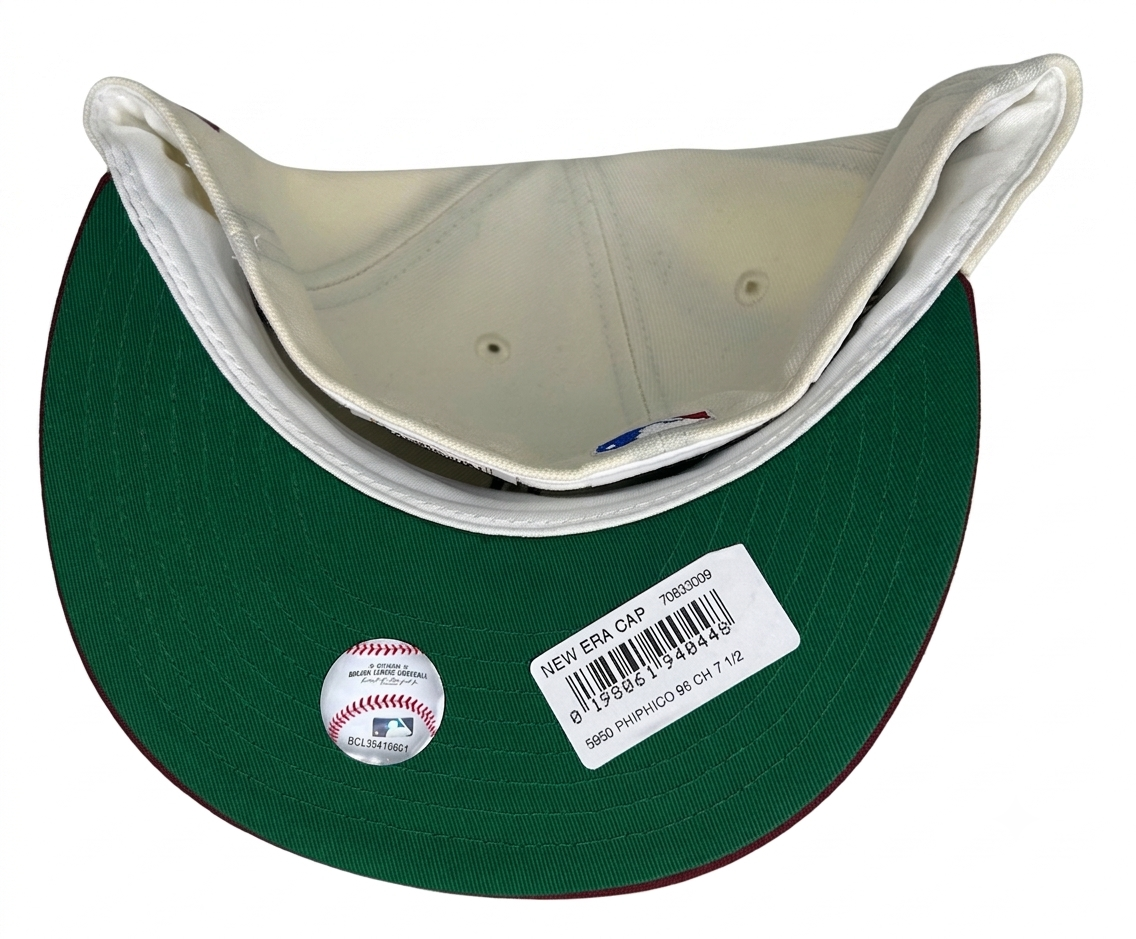 New Era Philadelphia Phillies 1996 All-Star Game 59Fifty Fitted Hat featuring a two-tone design with a white crown and a maroon brim.