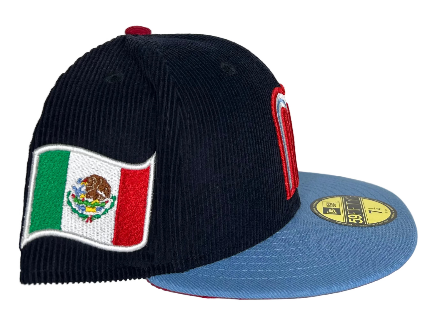 New Era 59FIFTY Mexico National Baseball Team fitted hat featuring a black corduroy crown and a light blue visor.
