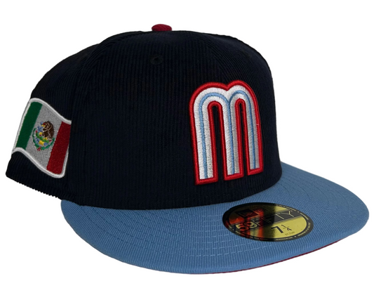New Era 59FIFTY Mexico National Baseball Team fitted hat featuring a black corduroy crown and a light blue visor.
