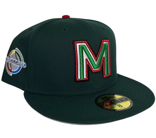 New Era Mexico Serie del Caribe 2024 59FIFTY fitted hat features a dark green crown with a red button and a prominent tri-color "M" logo on the front.