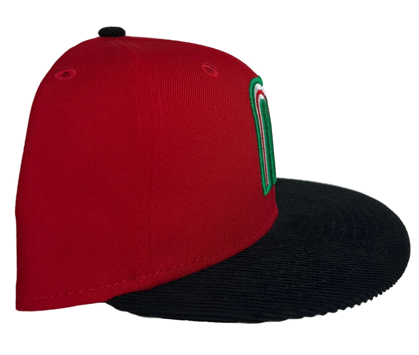 New Era 59Fifty Mexico "M" hat features a vibrant red crown with a black corduroy visor.