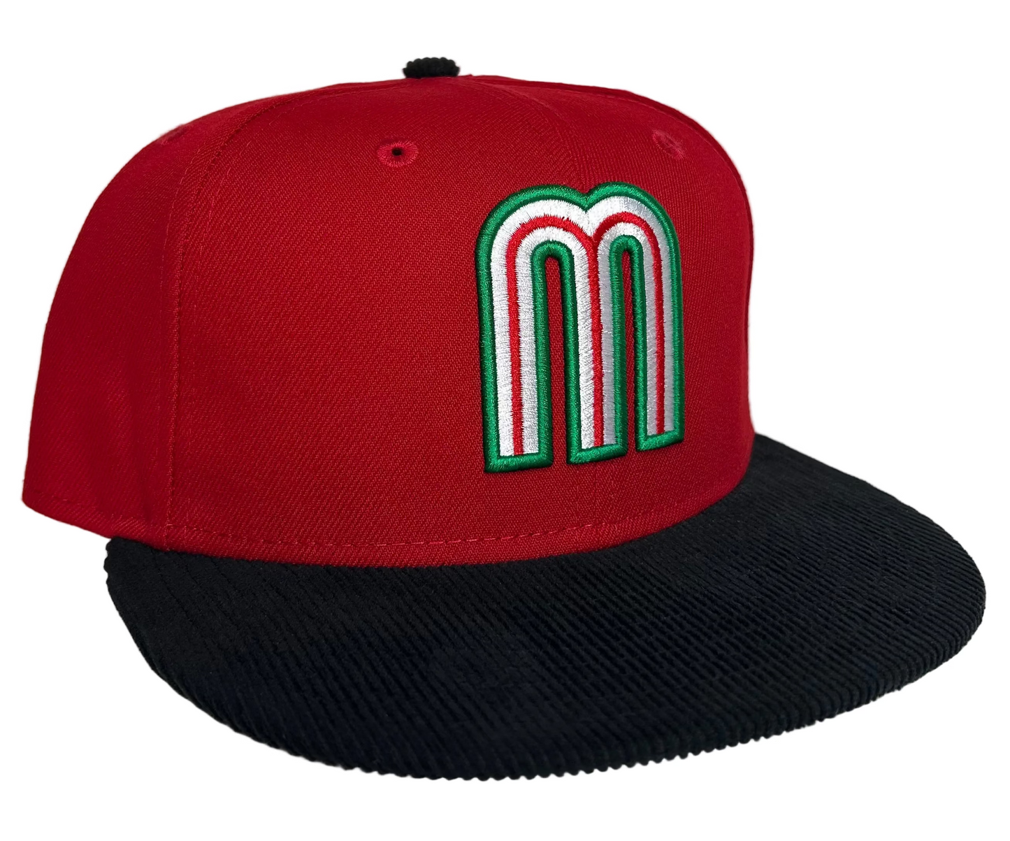 New Era 59Fifty Mexico "M" hat features a vibrant red crown with a black corduroy visor.