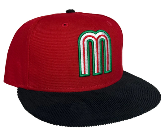 New Era 59Fifty Mexico "M" hat features a vibrant red crown with a black corduroy visor.