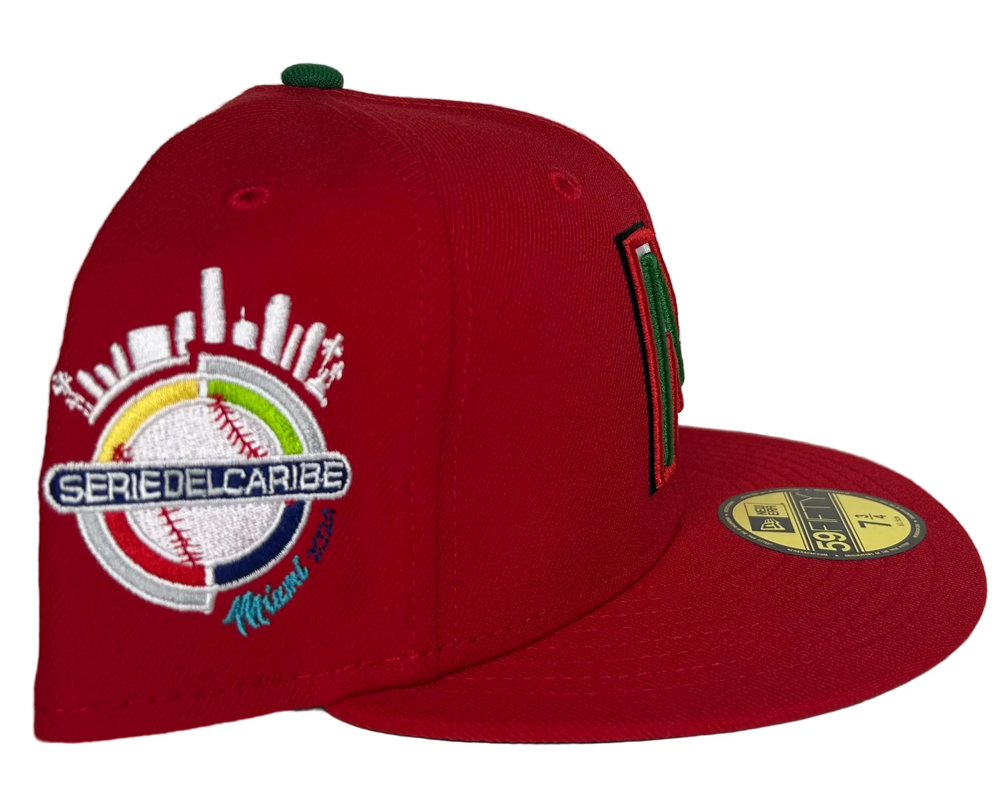 New Era Mexico Serie del Caribe 2024 59FIFTY fitted hat, featuring a bold red crown and visor with a vibrant green top button.