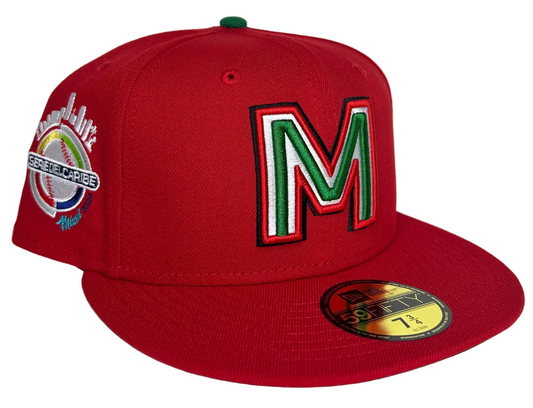New Era Mexico Serie del Caribe 2024 59FIFTY fitted hat, featuring a bold red crown and visor with a vibrant green top button.