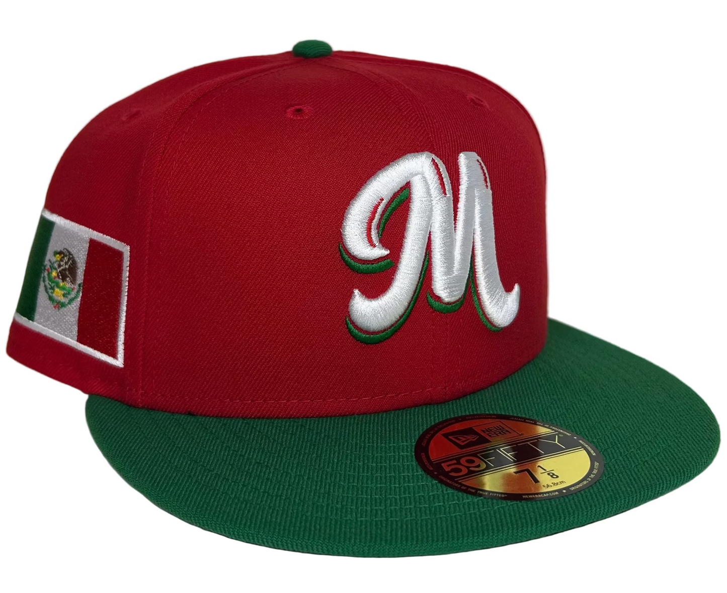 New Era Mexico Serie Del Caribe 59FIFTY fitted hat, featuring a red crown, green brim, and a Mexico flag side patch
