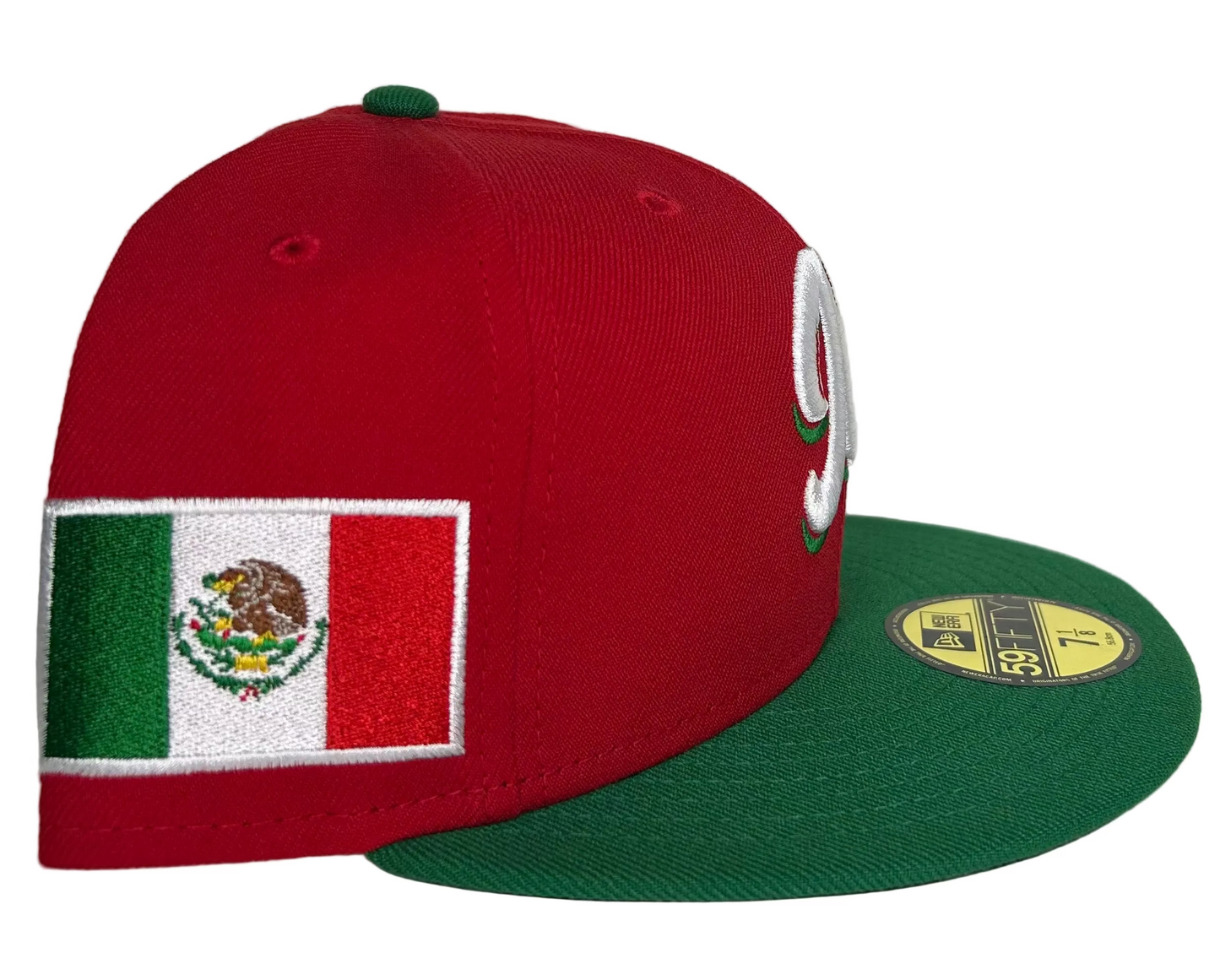 New Era Mexico Serie Del Caribe 59FIFTY fitted hat, featuring a red crown, green brim, and a Mexico flag side patch
